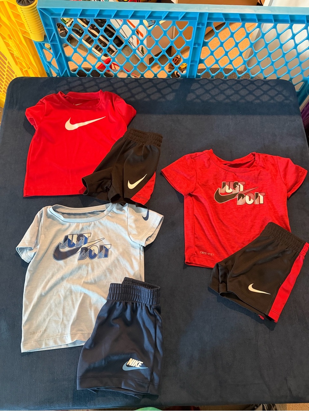 Nike Kids bundle of 3 Tee & Shorts Sets - Red, Light Blue, Black